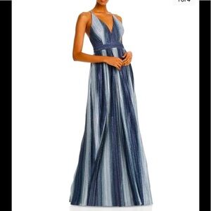 Women’s Formal Dress Size 8  AQUA Navy Pleated Glitter Striped Spaghetti Strap